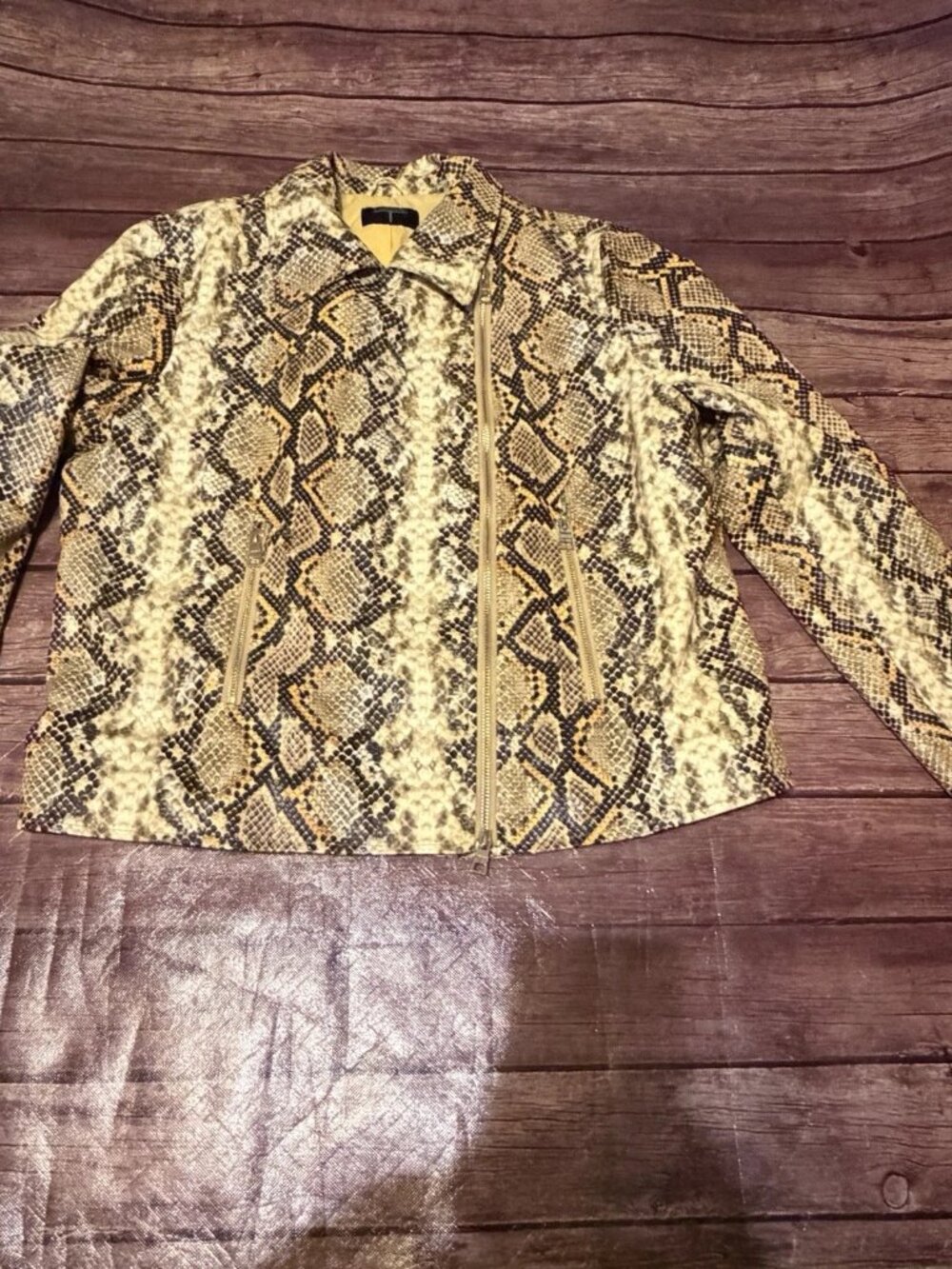 Women’s Tahari Faux Leather Snakeskin Yellow Black Moto Jacket Large